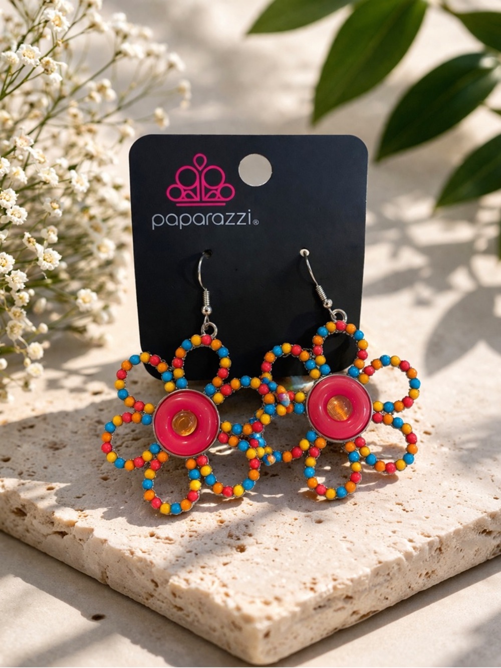 paparazzi Multicolor Beaded Flower Dangle Earrings - Pink Center